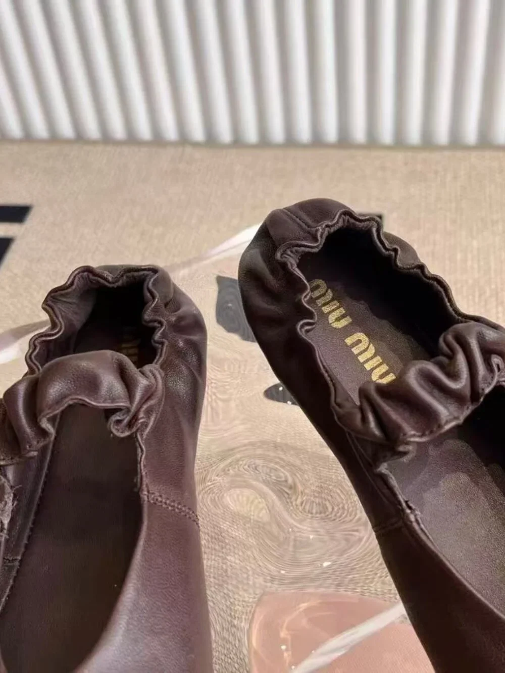 Miu Miu Dark Brown Leather Ruched Strap Ballet Flats